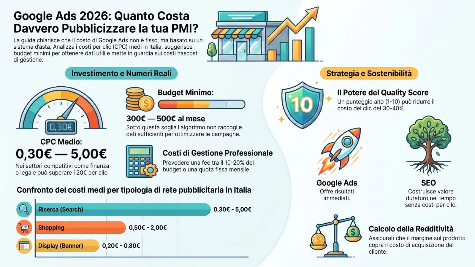 Quanto costa Google Ads nel 2026 in Italia. Infografica con dettagli su budget minimo (300-500€/mese), CPC medio per reti di Ricerca, Shopping e Display, incidenza del Quality Score e confronto con la SEO.