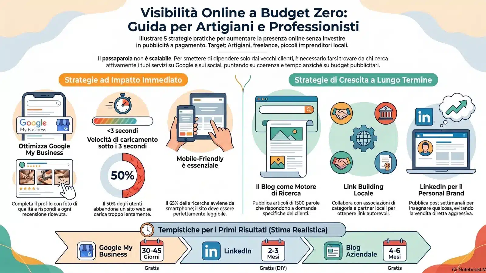 Infografica intitolata Visibilità Online a Budget Zero: Guida per Artigiani e Professionisti. Mostra 5 strategie di marketing digitale divise in Impatto Immediato (Google My Business, velocità del sito, mobile-friendly) e Crescita a Lungo Termine (Blog, Link Building locale, LinkedIn), con una timeline dei tempi stimati per i risultati.
