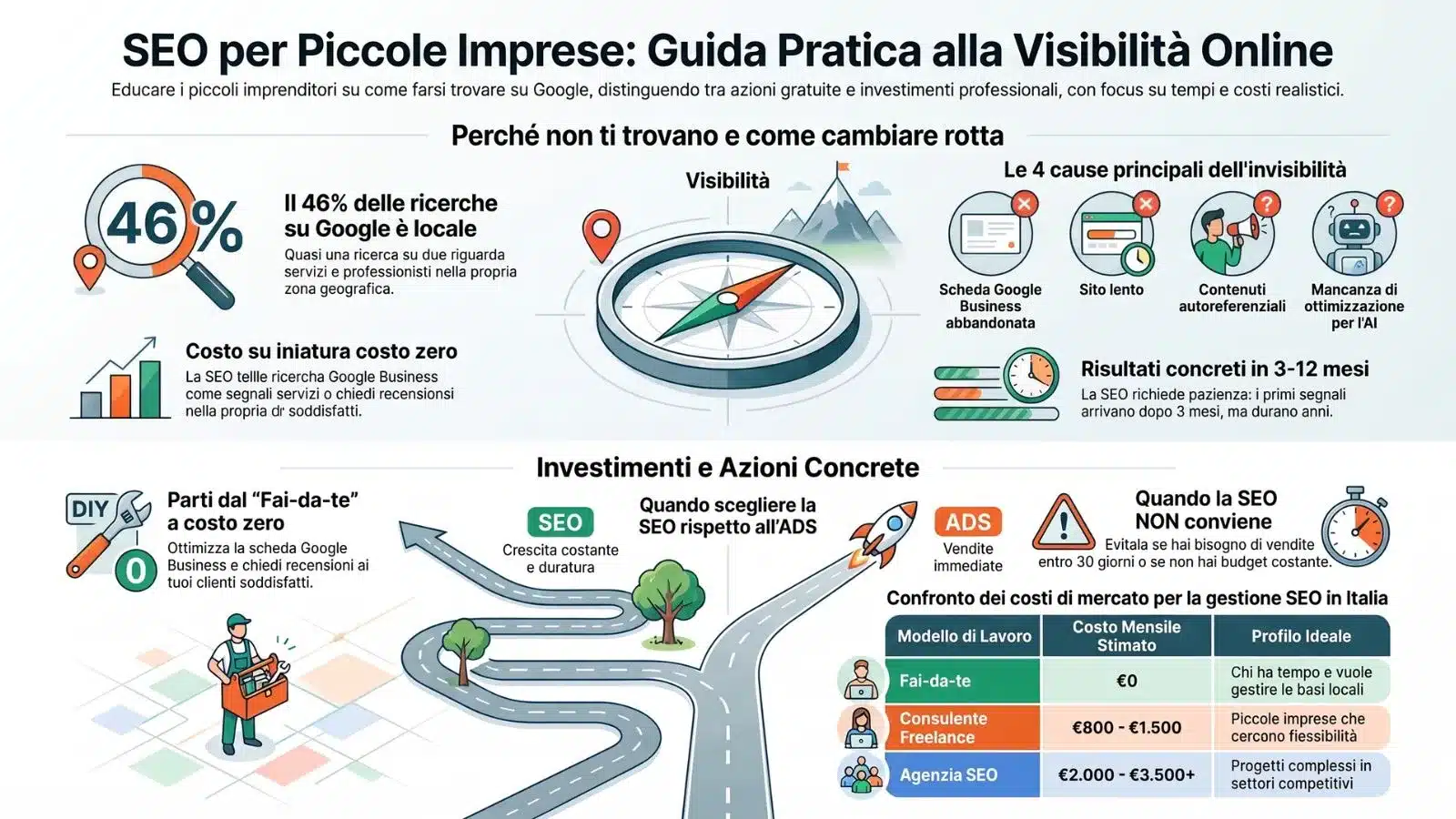 Infografica sulla SEO per piccole imprese che spiega la visibilità locale, le cause dell'invisibilità online e il confronto dei costi tra fai-da-te, consulenti freelance e agenzie SEO in Italia.