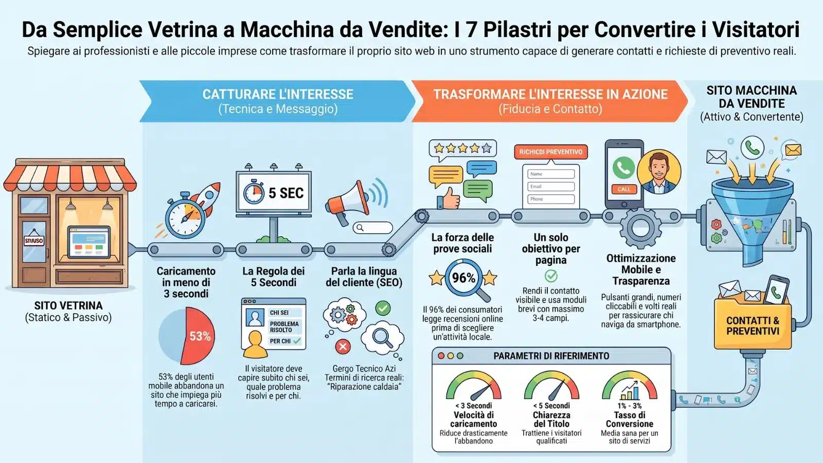 Infografica sui 7 pilastri della conversione web: da sito vetrina passivo a creare un sito web che vende. Mostra le fasi di caricamento rapido, regola dei 5 secondi, SEO e linguaggio del cliente, riprova sociale, moduli di contatto semplici, ottimizzazione mobile e parametri di riferimento per convertire i visitatori in contatti e preventivi.