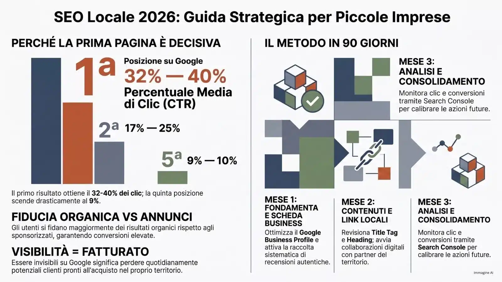 Infografica sulla SEO Locale 2026 per piccole imprese: il posizionamento sui Motori di Ricerca per ottimizzare schede business e contenuti locali