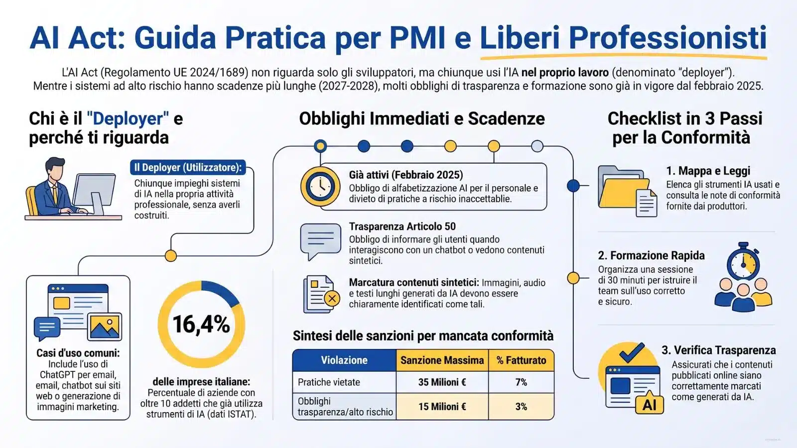 AI Act 2024/1689: Infografica sul Regolamento UE. Guida pratica agli obblighi di trasparenza, scadenze e sanzioni per PMI e liberi professionisti deployer di intelligenza artificiale.