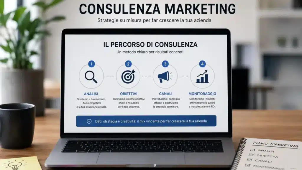 Consulenza marketing per PMI, professionisti e artigiani 1 Laptop su una scrivania che mostra una presentazione del percorso di consulenza marketing suddiviso nelle quattro fasi di Analisi, Obiettivi, Canali e Monitoraggio.