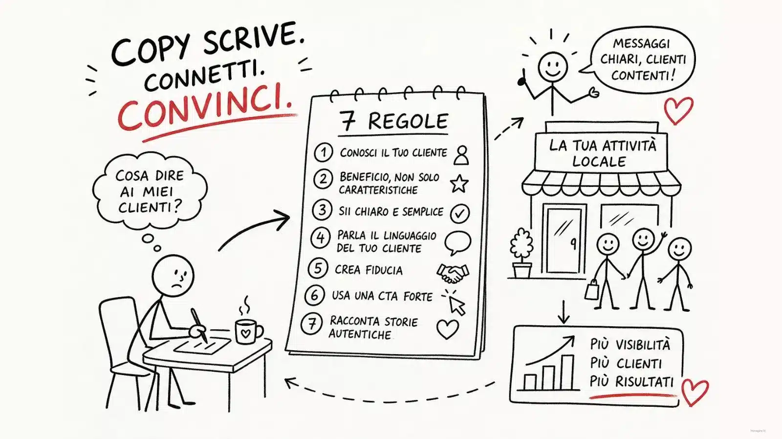 7 regole del copywriting per attività locali, intitolata "Copy scrive. Connetti. Convinci." con diagramma visivo del processo di vendita.