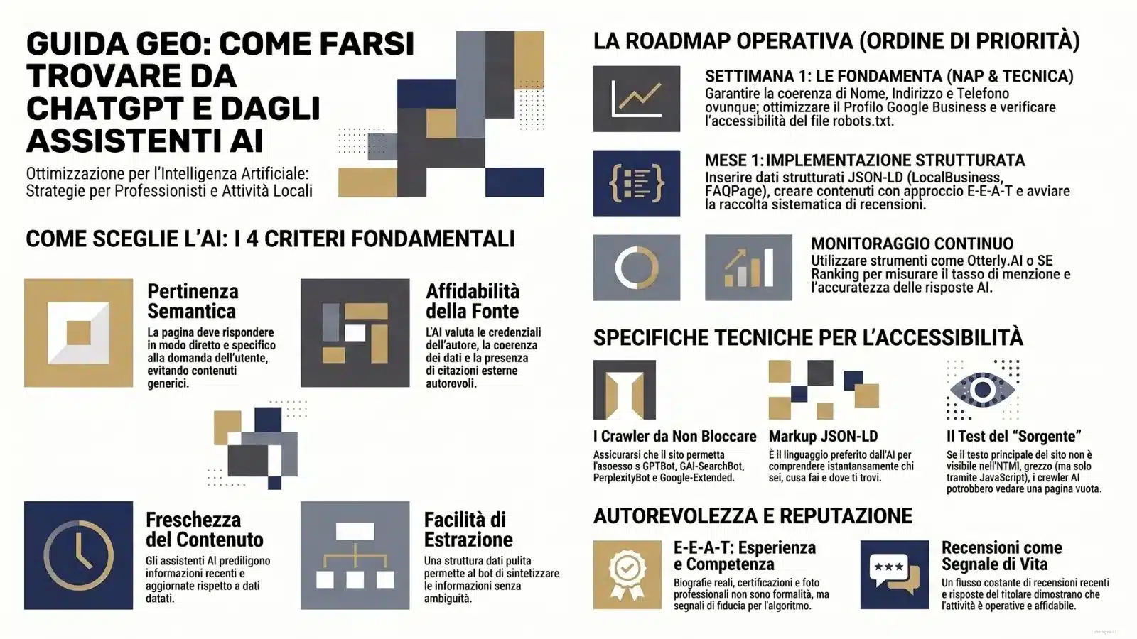 Come farsi trovare su ChatGPT: infografica sulla Generative Engine Optimization (GEO) illustrante i 4 criteri fondamentali, la roadmap operativa e le specifiche tecniche per la visibilità sugli assistenti AI