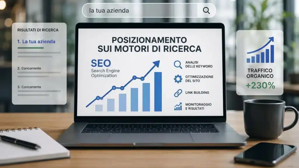 Posizionamento sui motori di ricerca: come iniziare nel modo corretto 2 Laptop su una scrivania con una grafica sul posizionamento sui motori di ricerca SEO e un grafico di crescita del traffico organico del 230%.