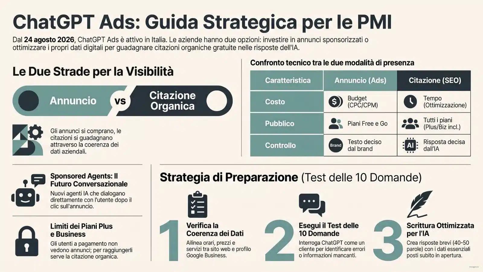 Infografica sulla guida strategica ChatGPT Ads per le PMI, con confronto tra annunci sponsorizzati e citazioni organiche SEO e procedimento di ottimizzazione in 3 passaggi.
