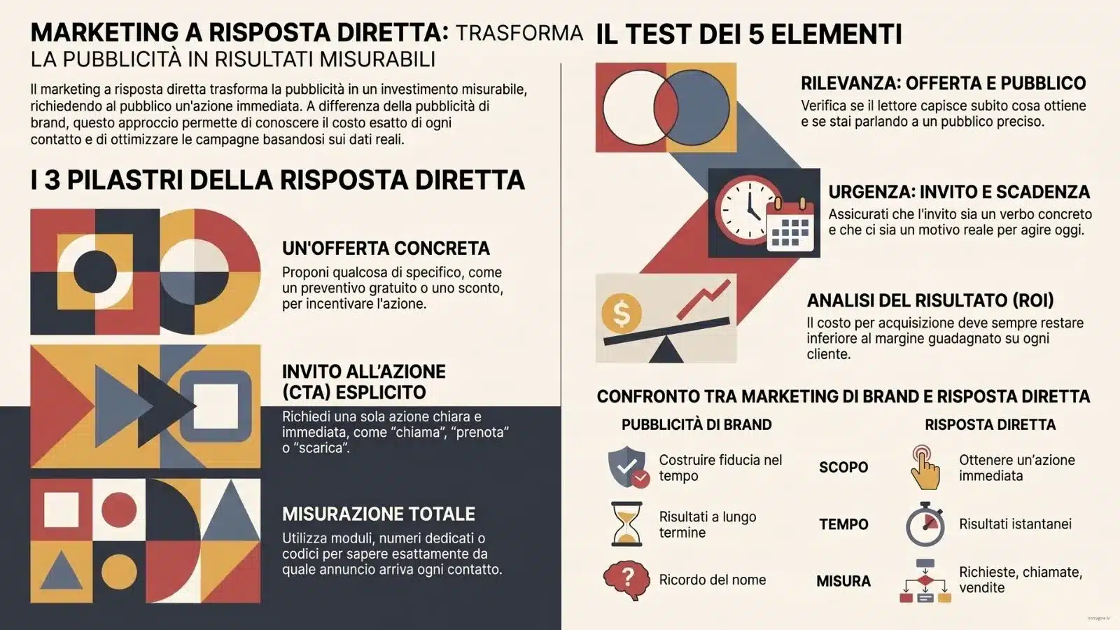 Infografica sul marketing a risposta diretta che illustra i 3 pilastri fondamentali, i test di efficacia del ROI e il confronto con la pubblicità di brand.