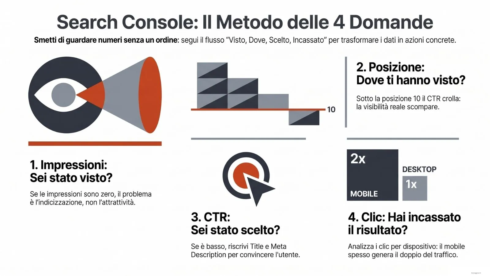 Infografica sul metodo delle 4 domande per Google Search Console: schema per analizzare Impressioni, Posizione, CTR e Clic per l'ottimizzazione SEO