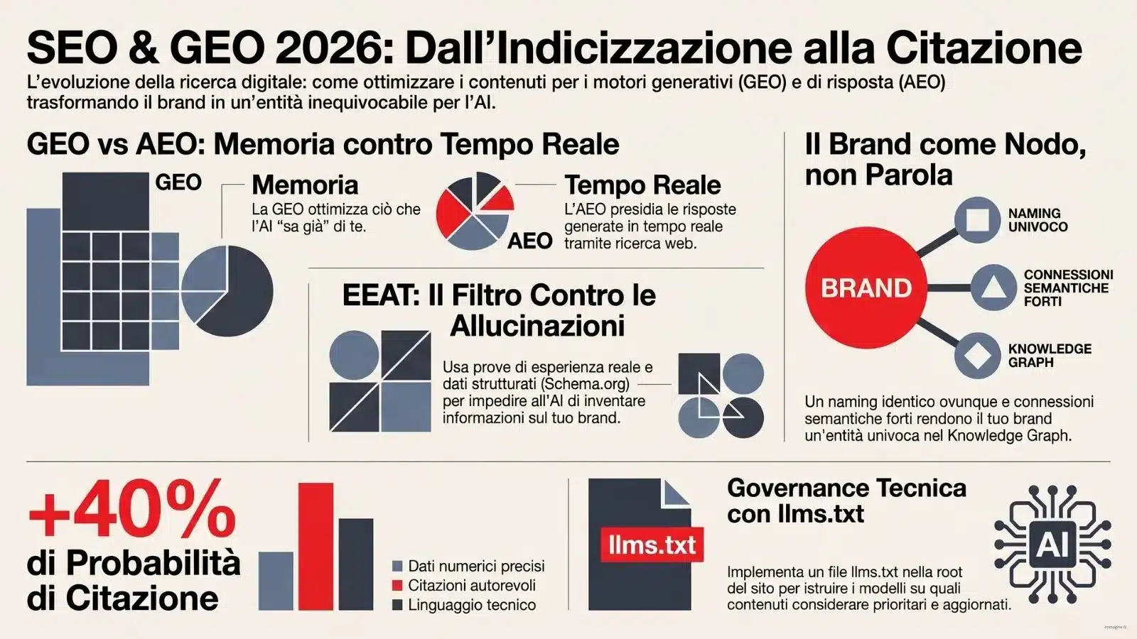 Infografica su SEO e GEO 2026: strategie per Generative Engine Optimization, AEO, EEAT, Knowledge Graph e file llms.txt per ottimizzare la citazione nei modelli AI