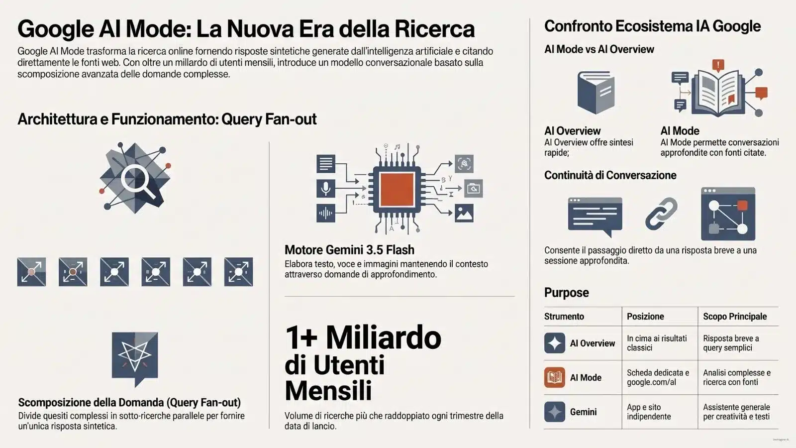 Infografica su Google AI Mode che illustra l'architettura della Query Fan-out con motore Gemini 3.5 Flash e il confronto tra AI Overview, AI Mode e Gemini.