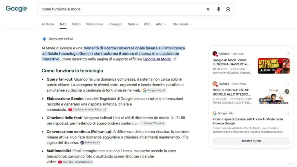 Schema dell'interfaccia di AI Mode Google con scheda, risposta scritta dall'IA, fonti citate e domanda di approfondimento
