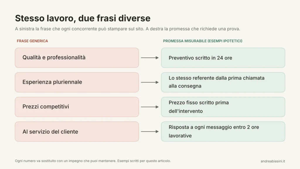 Confronto tra frasi generiche di marketing e promesse misurabili ed efficaci per la unique selling proposition aziendale.