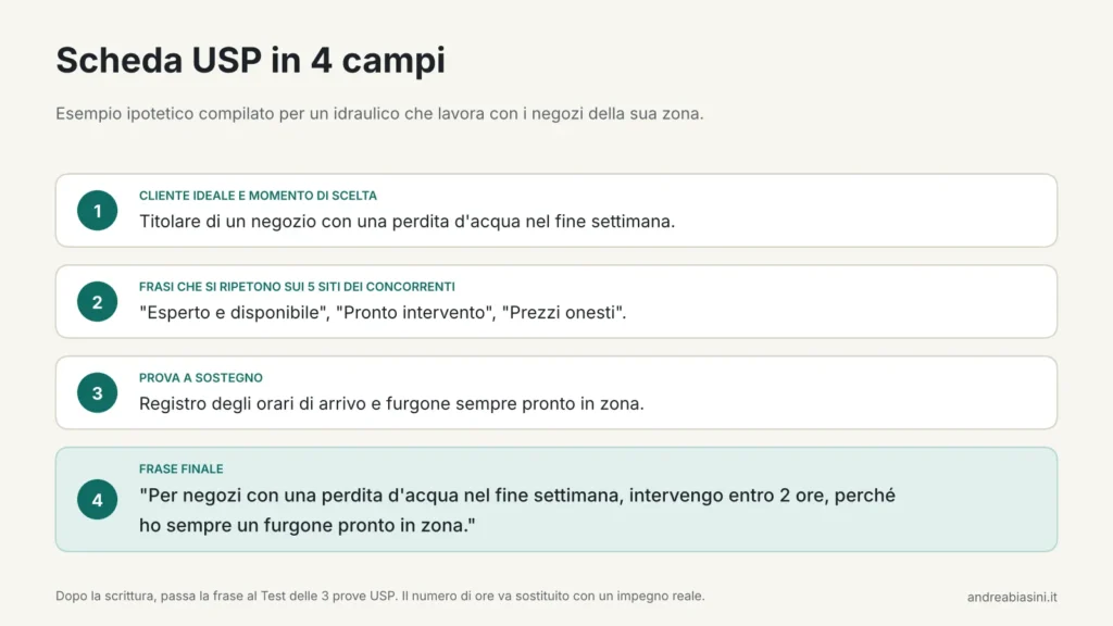 Esempio di scheda USP in 4 campi per definire la unique selling proposition di un'attività locale.